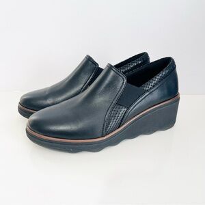Clarks Black Leather Mazy Squam Slip On Wedge Comfort Shoes